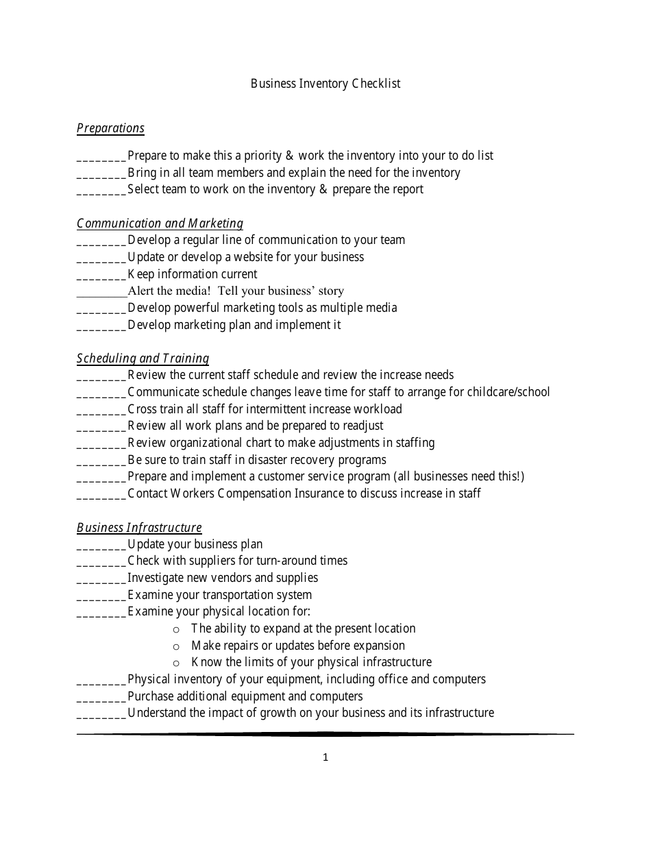 Business Inventory Checklist Template - Tri-County Economic Development Alliance, Inc, Page 1