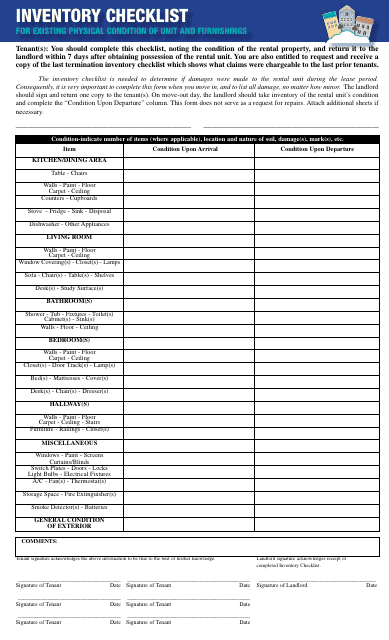 &quot;Inventory Checklist Template for Existing Physical Condition of Unit and Furnishings&quot; Download Pdf