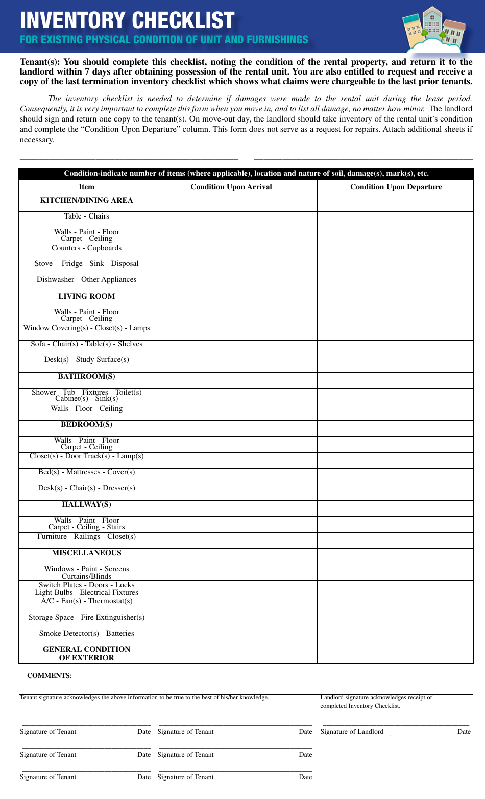 Inventory checklist template for existing physical condition of unit and furnishings