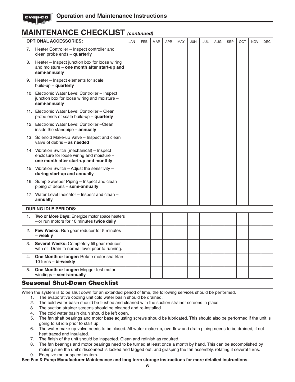 Maintenance Checklist Template Evapco Download Printable Pdf Templateroller