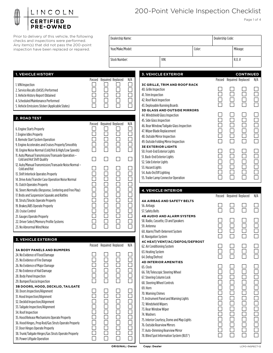 200-point Vehicle Inspection Checklist Template -lincoln, Page 1