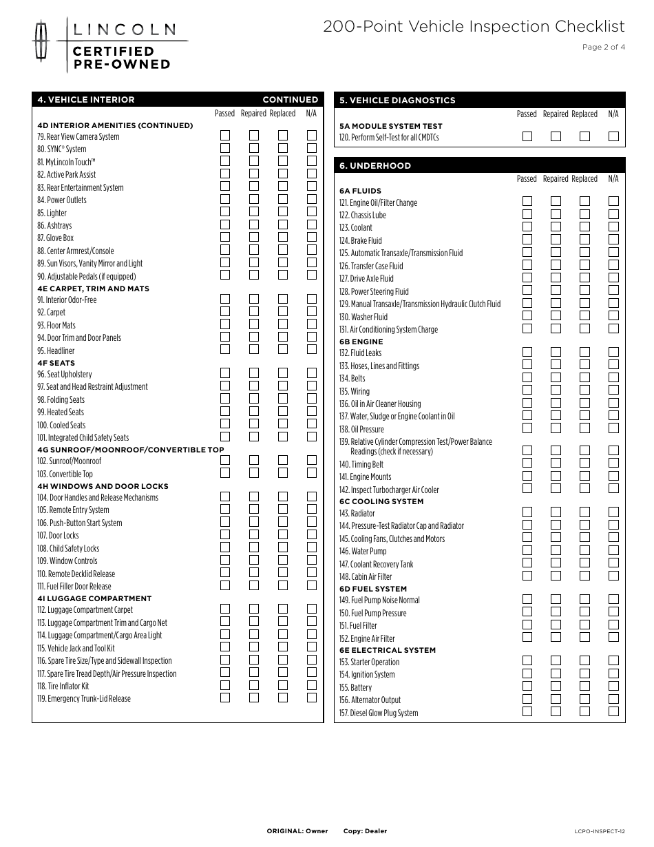 200-point Vehicle Inspection Checklist Template -lincoln - Fill Out ...