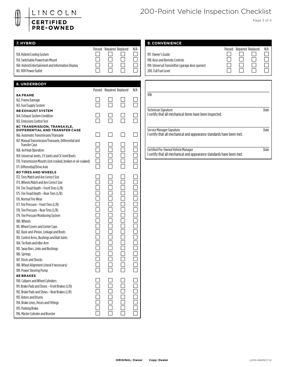 200-point Vehicle Inspection Checklist Template -lincoln, Page 3