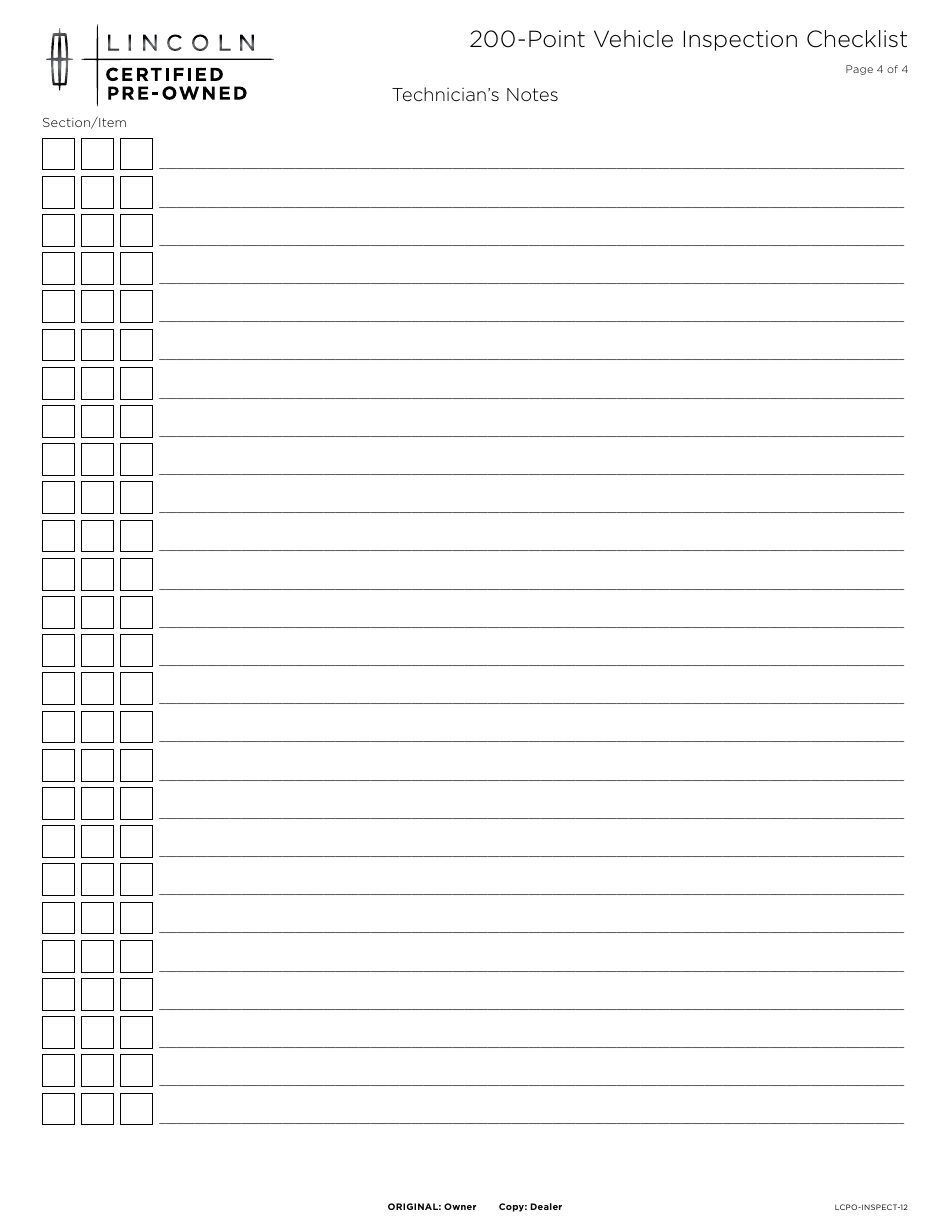 200-point Vehicle Inspection Checklist Template -lincoln - Fill Out ...
