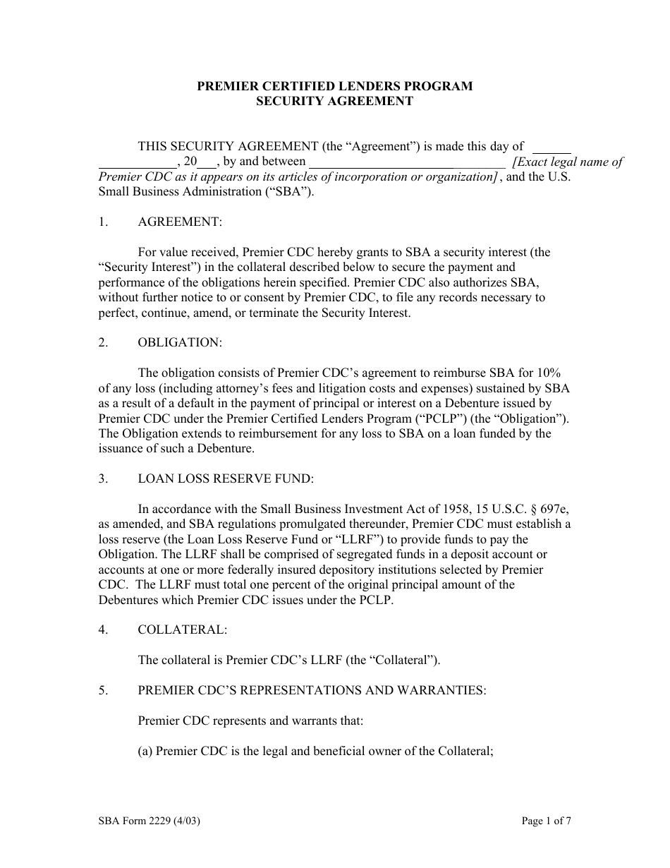 SBA Form 2229 Premier Certified Lenders Program Security Agreement, Page 1