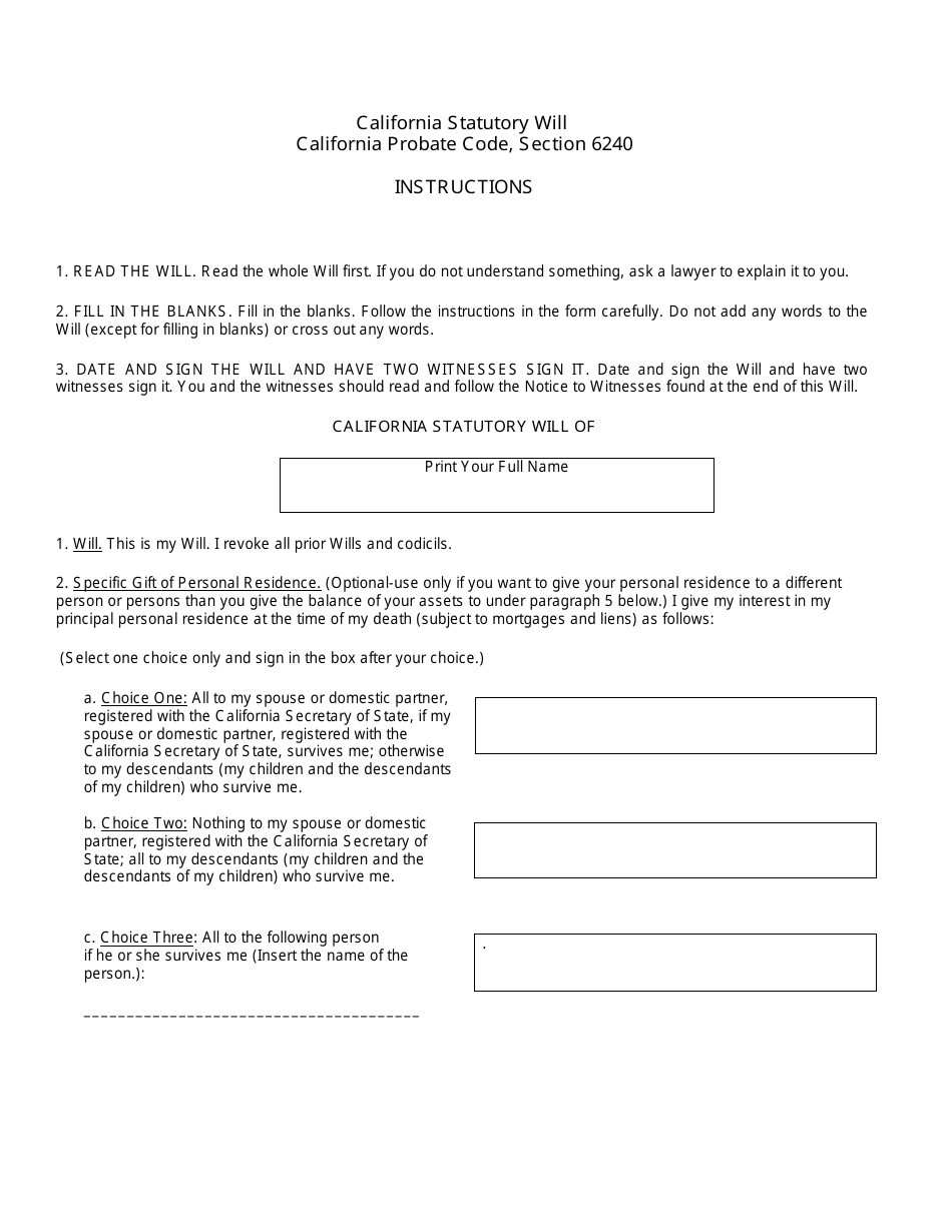 California Statutory Will Form (California Probate Code, Section 6240) - California, Page 1
