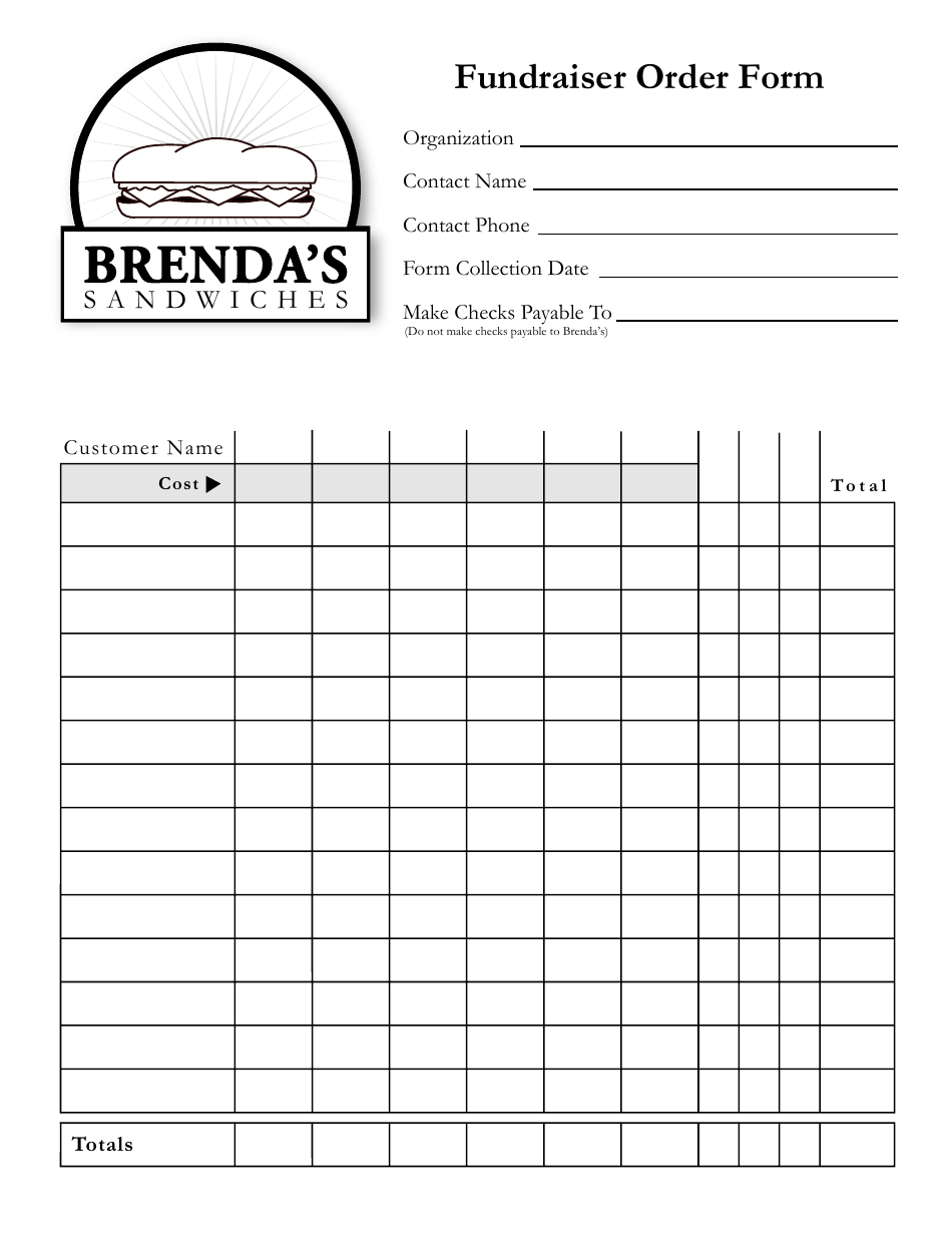 Fundraiser Order Form Brenda's Sandwiches Download Fillable PDF