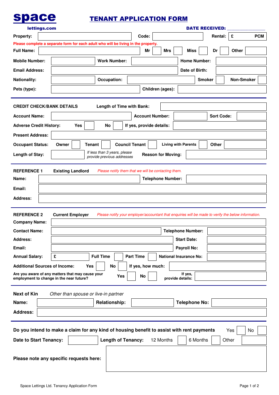 Tenant Application Form - Space Lettings Ltd, Page 1