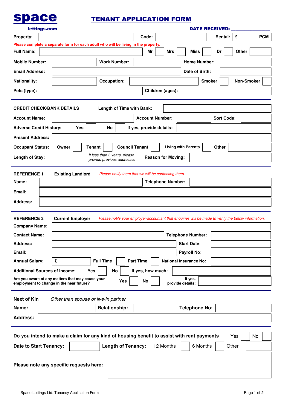 Tenant Application Form - Space Lettings Ltd - Fill Out, Sign Online ...