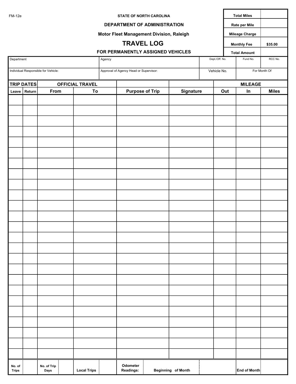 Form FM-12e Travel Log for Permanently Assigned Vehicles - North Carolina, Page 1