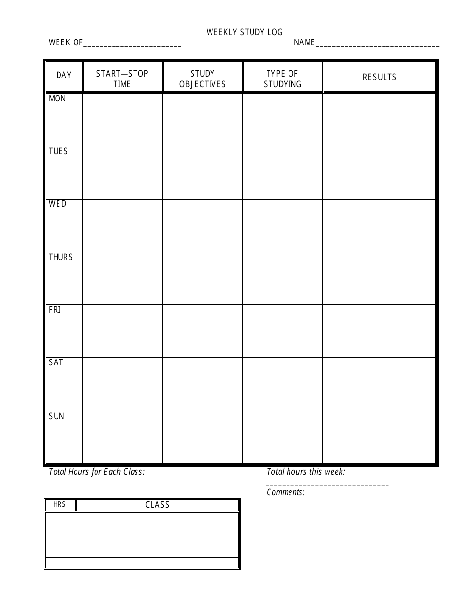 Weekly Study Log Template, Page 1
