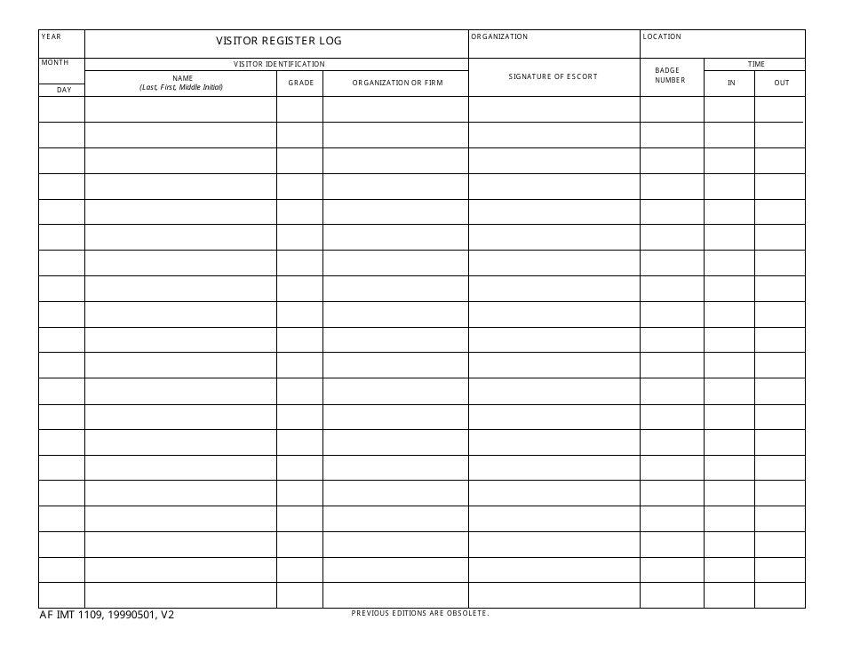 AF IMT Form 1109 Visitor Register Log, Page 1