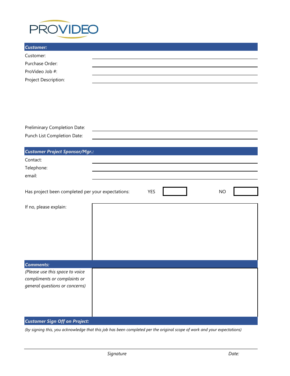 Customer Project Sign-Off Form - Provideo, Page 1