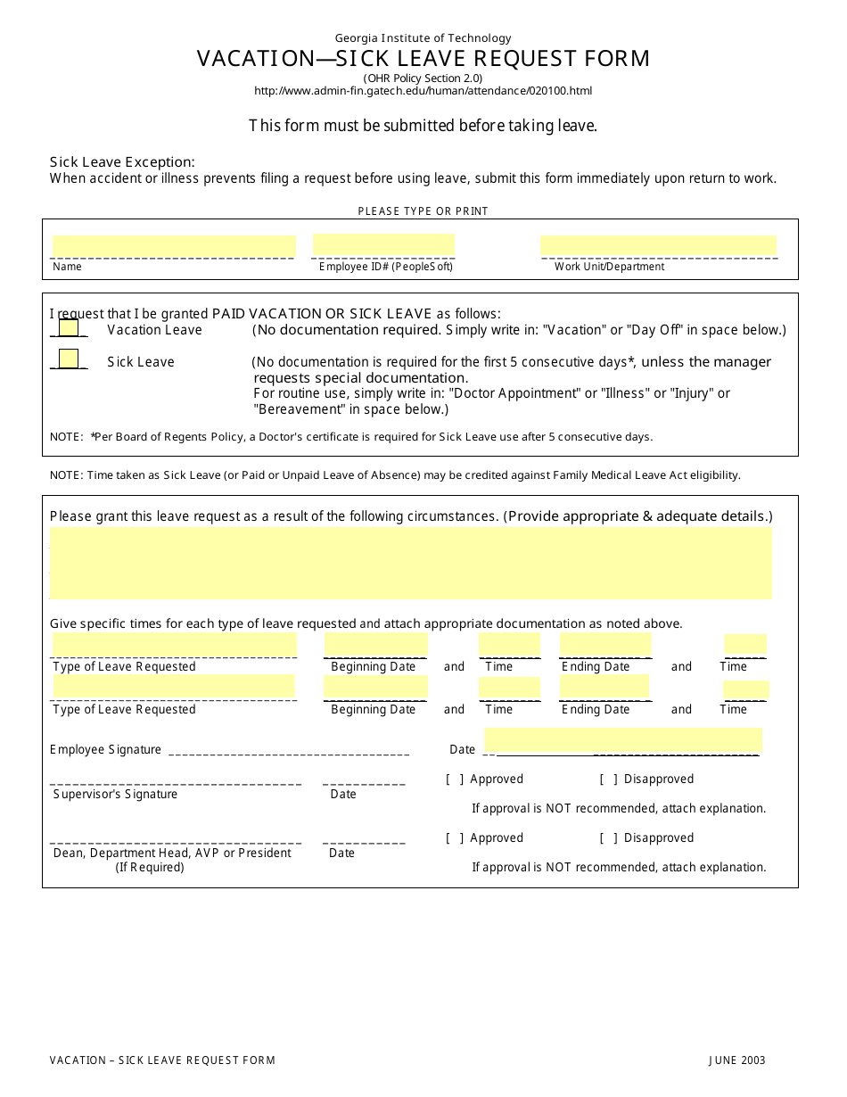 Vacation Sick Leave Request Form Georgia Institute Of Technology Fill Out Sign Online And 