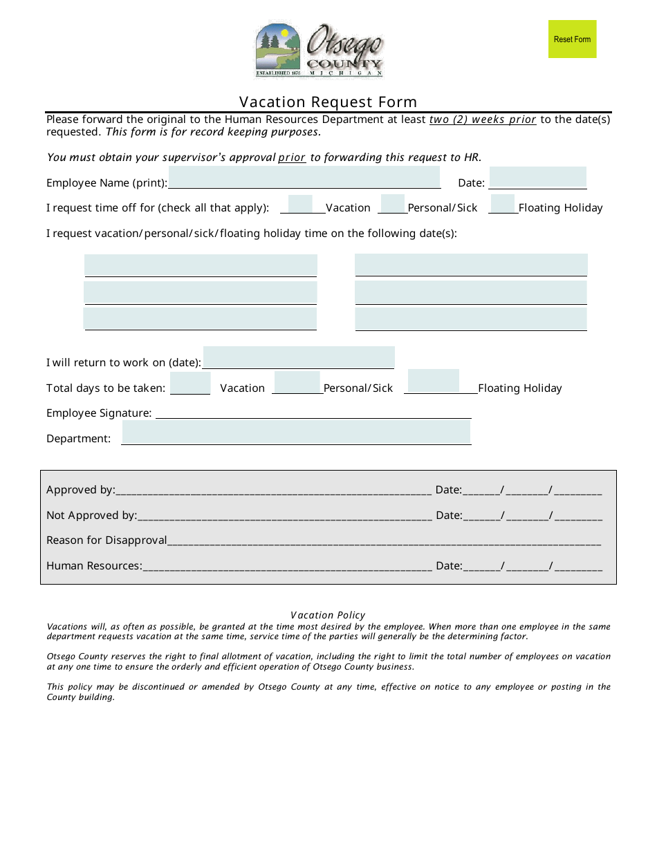 Vacation Request Form - Otsego County, Michigan, Page 1