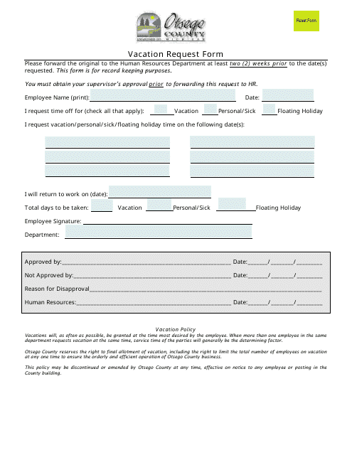 &quot;Vacation Request Form&quot; - Otsego County, Michigan Download Pdf