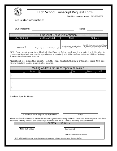 &quot;High School Transcript Request Form&quot; - Nevada Download Pdf