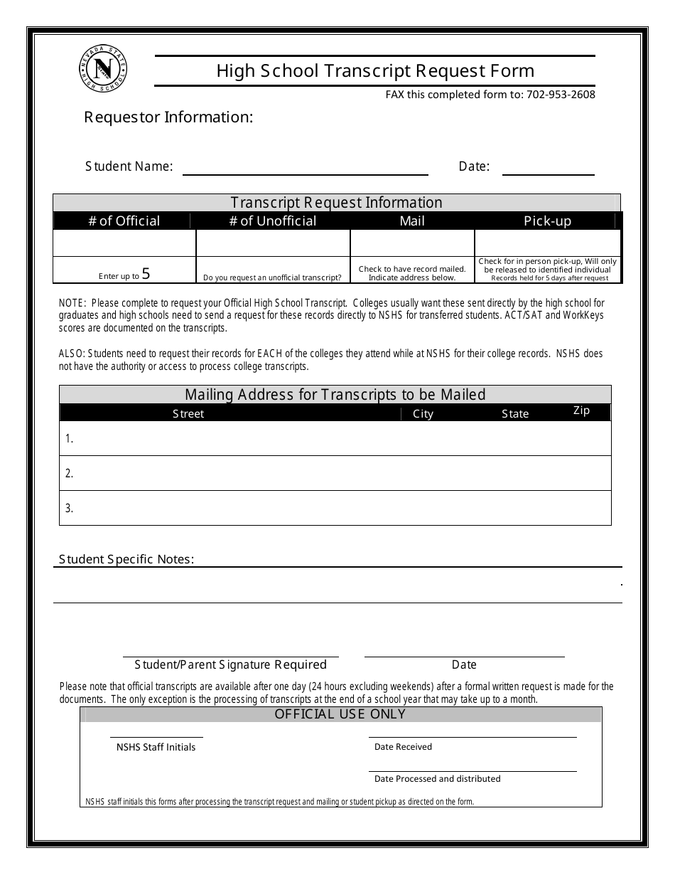 High School Transcript Request Form - Nevada, Page 1