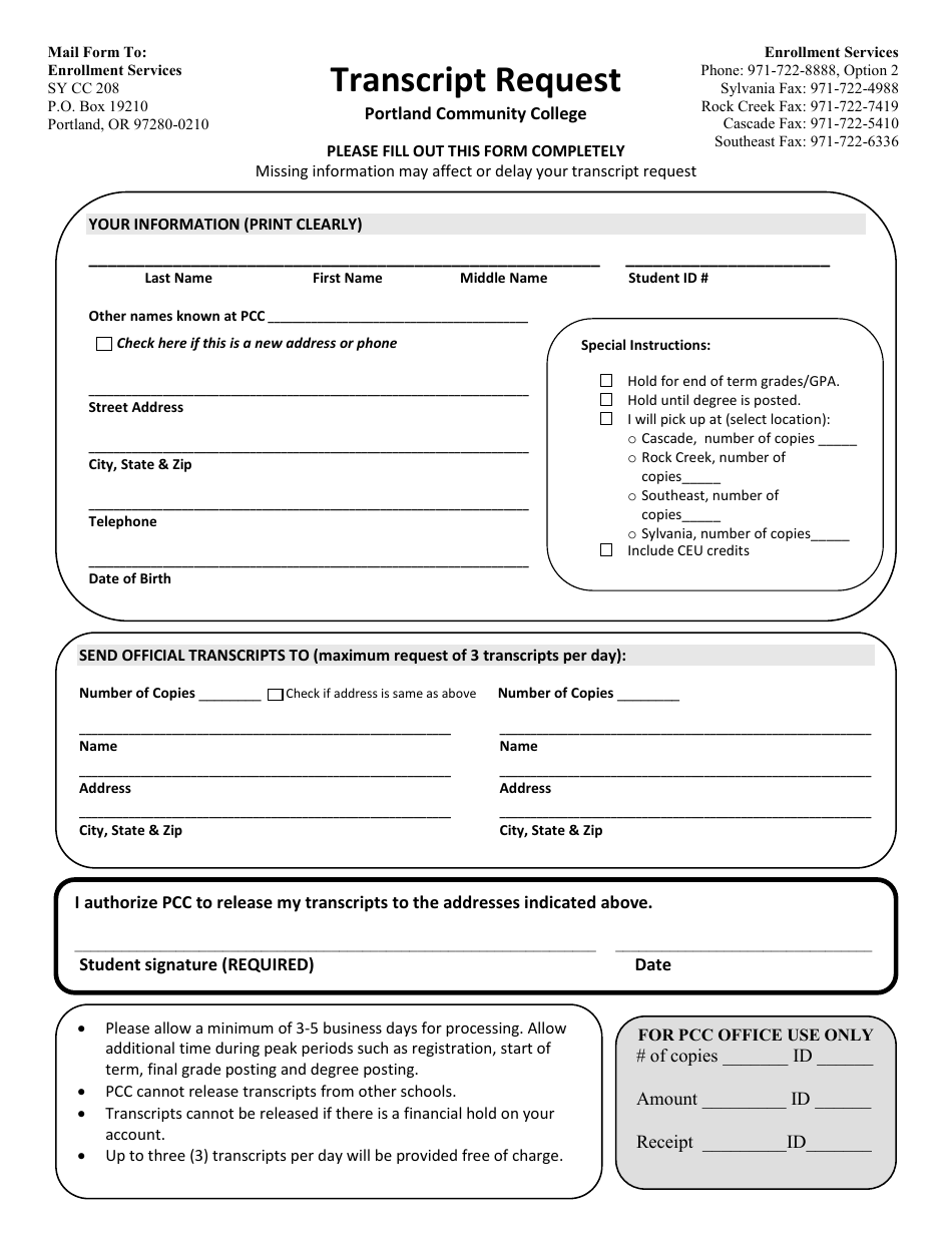 Transcript Request Form - Portland Community College, Page 1
