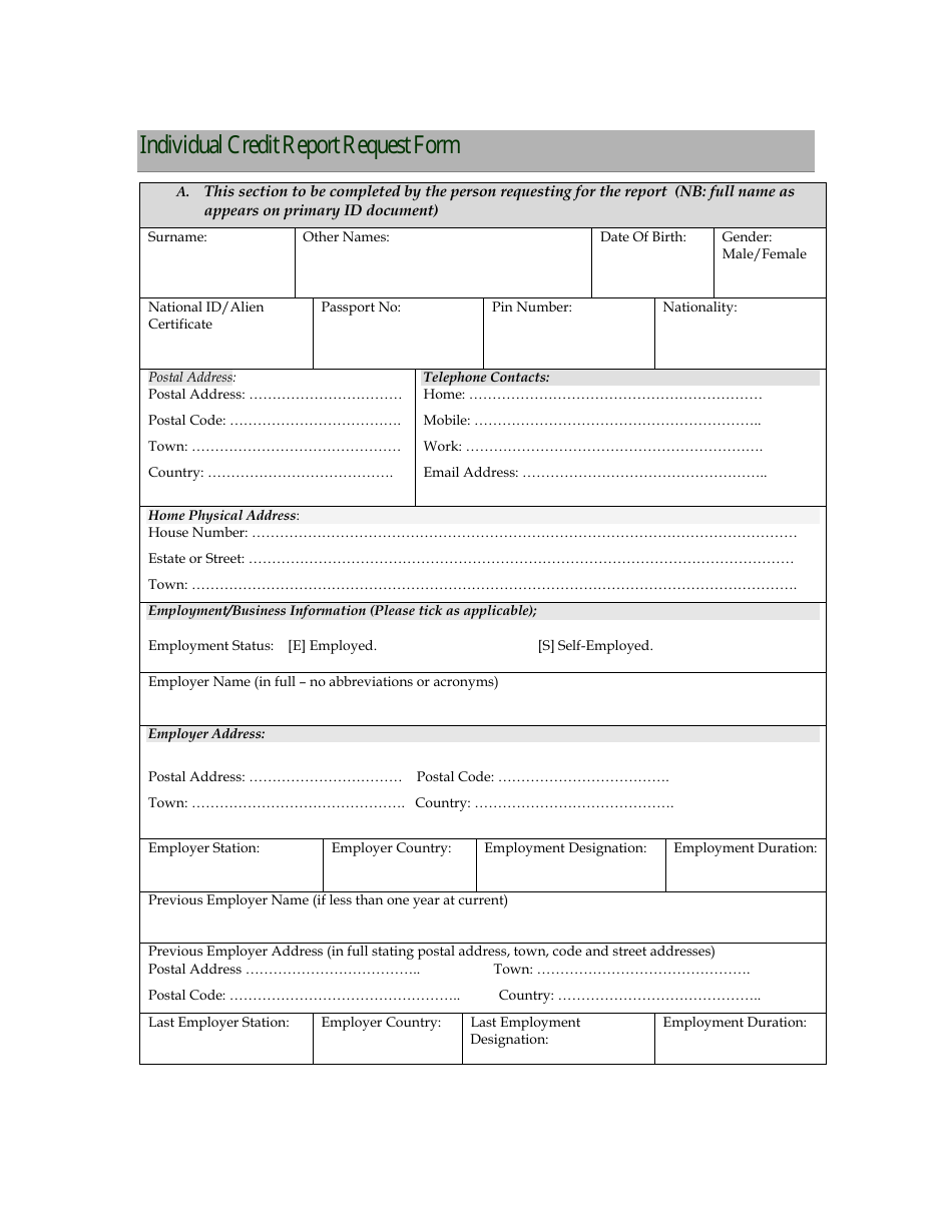 Individual Credit Report Request Form - Kenya, Page 1