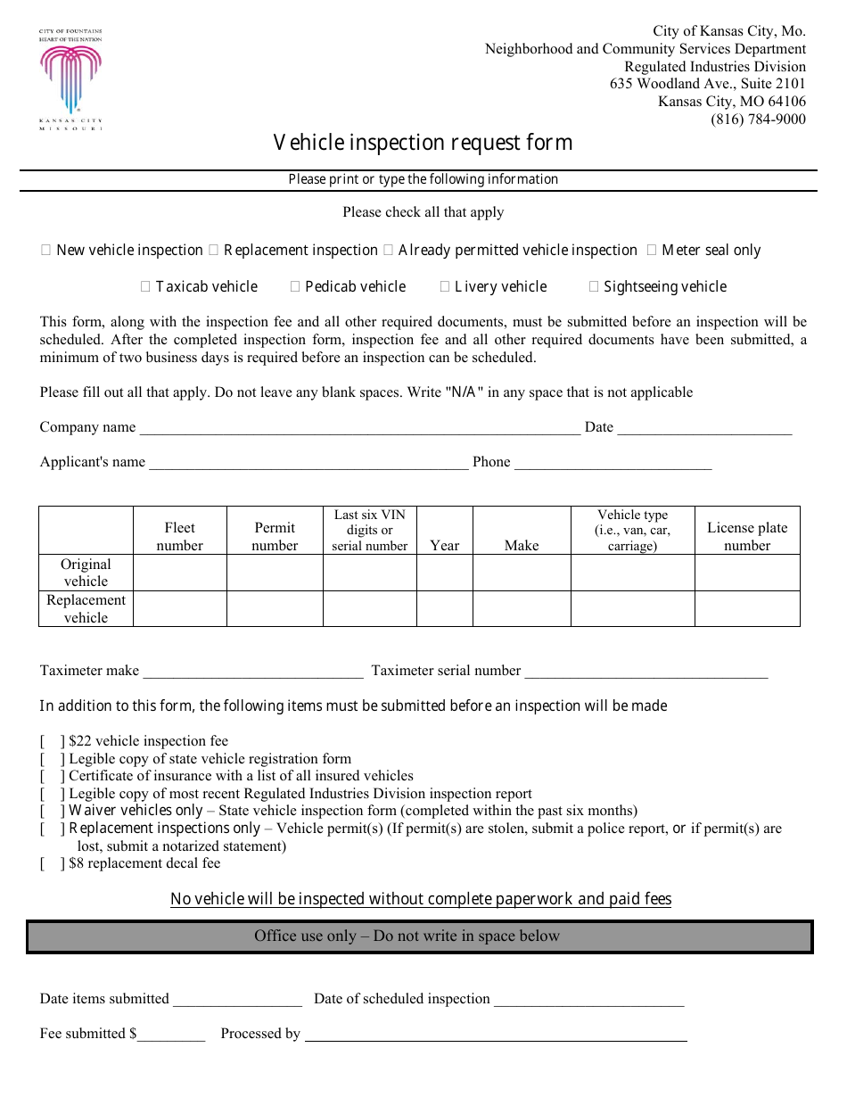 Vehicle Inspection Request Form - City of Kansas, Missouri, Page 1