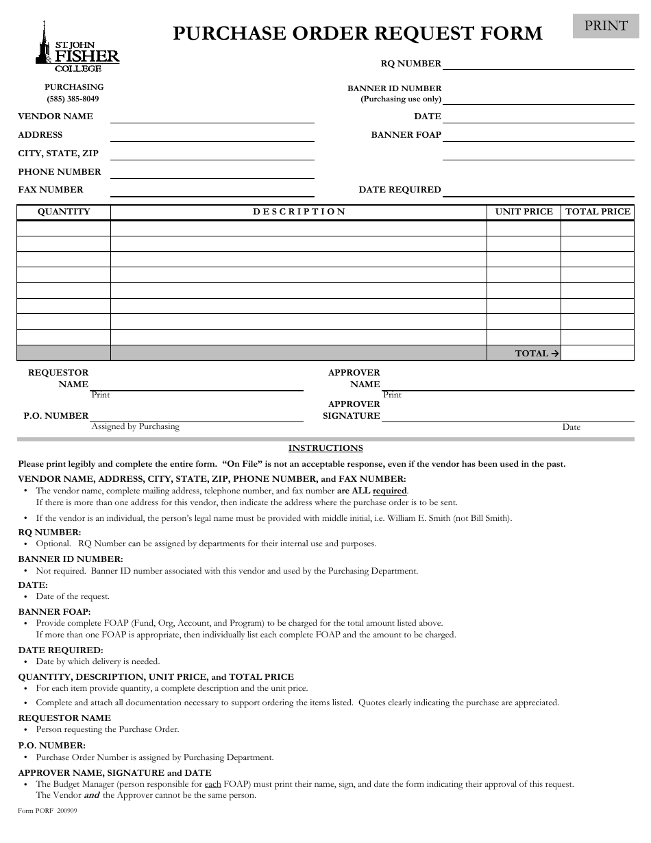 Purchase Order Request Form - St John Fisher Collage, Page 1