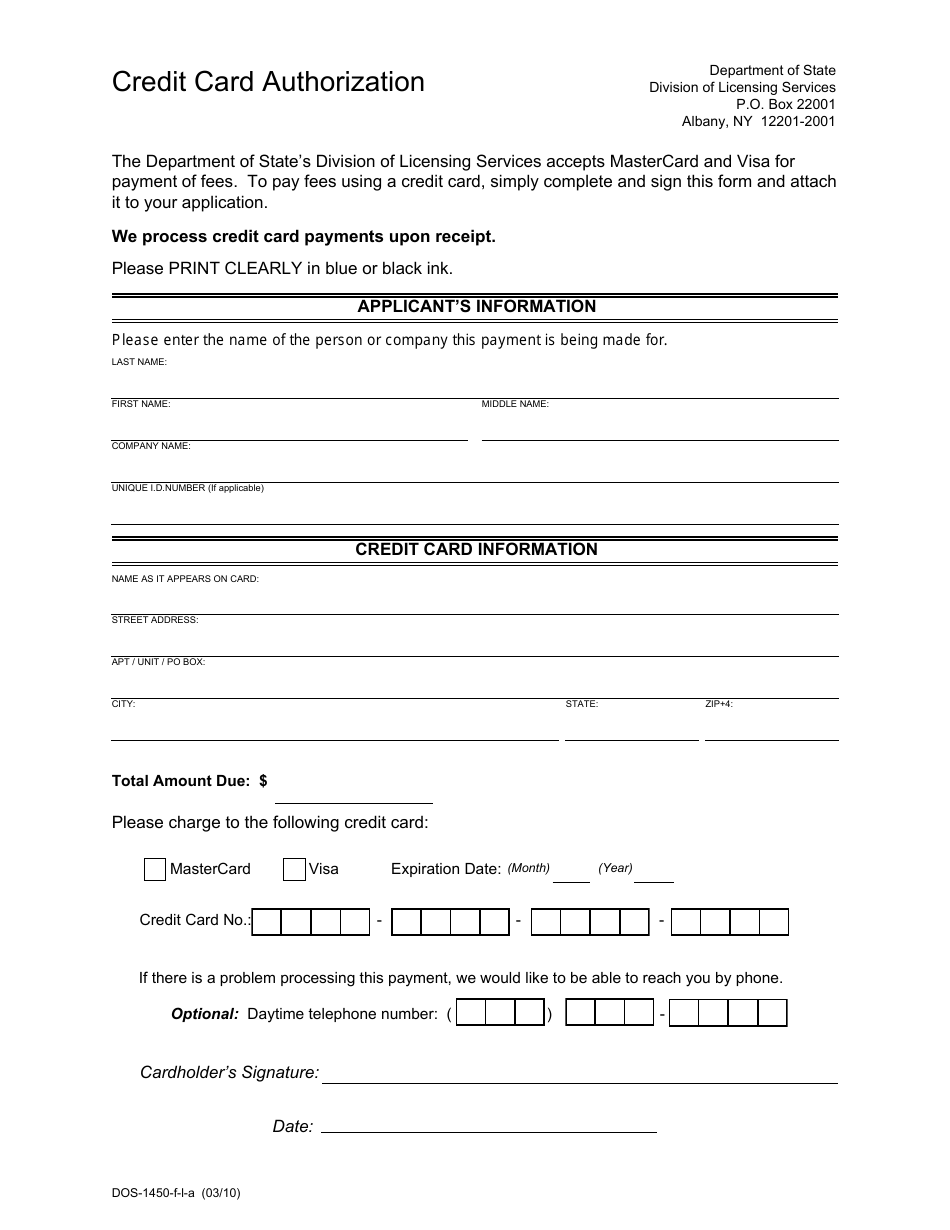 Form DOS-1450-F-L-A Credit Card Authorization Form - New York, Page 1