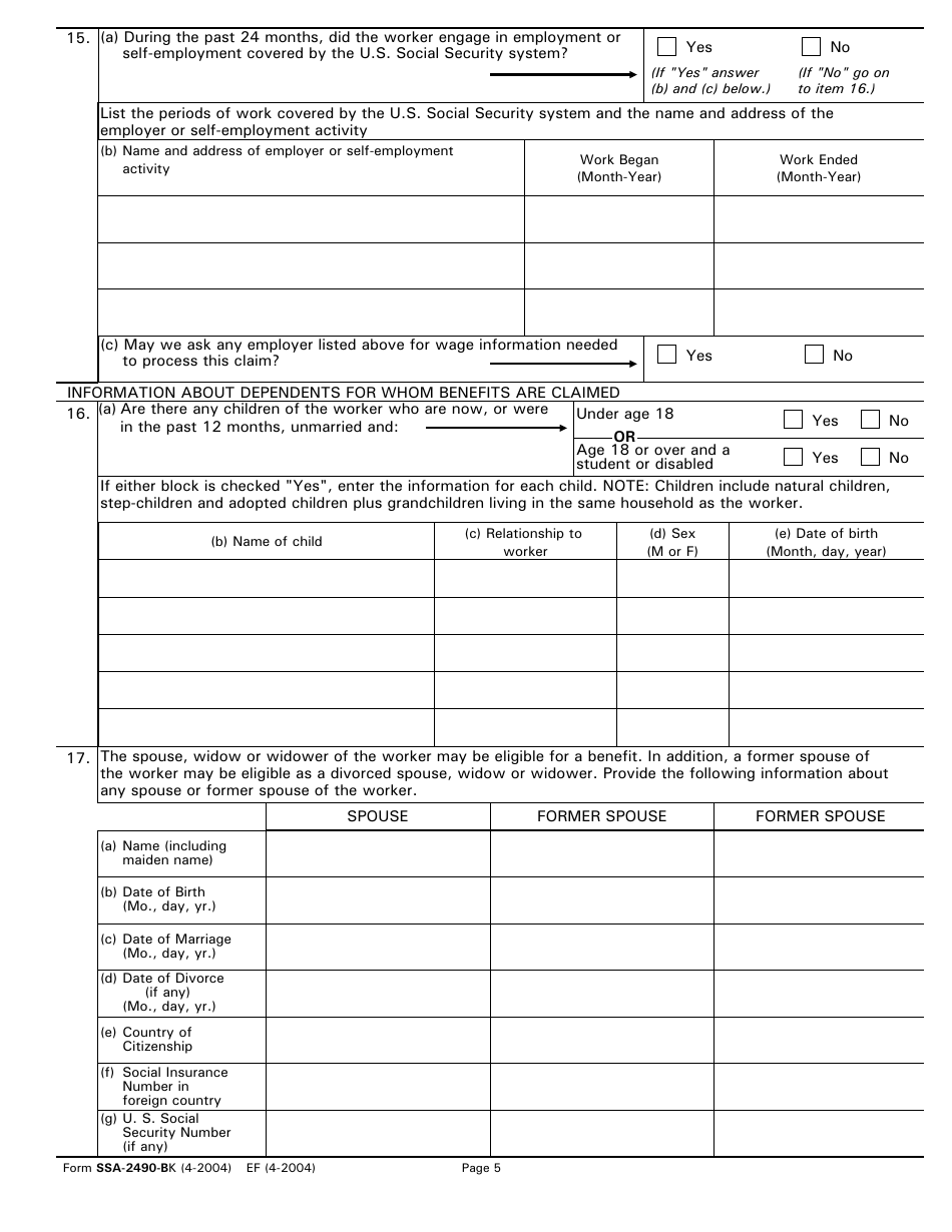 Form SSA-2490-BK Application for Benefits Under a U.S. International Social Security Agreement, Page 5