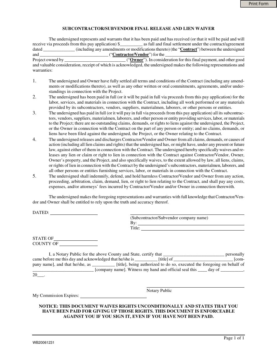 Subcontractor / Subvendor Final Release and Lien Waiver Form, Page 1