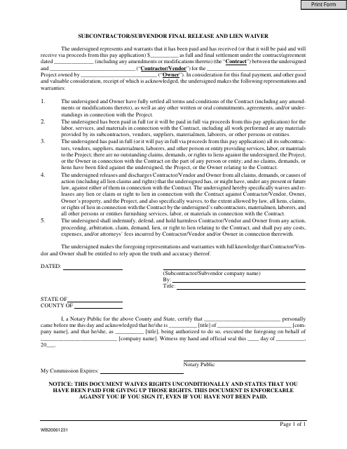 Subcontractor/Subvendor Final Release and Lien Waiver Form Download ...