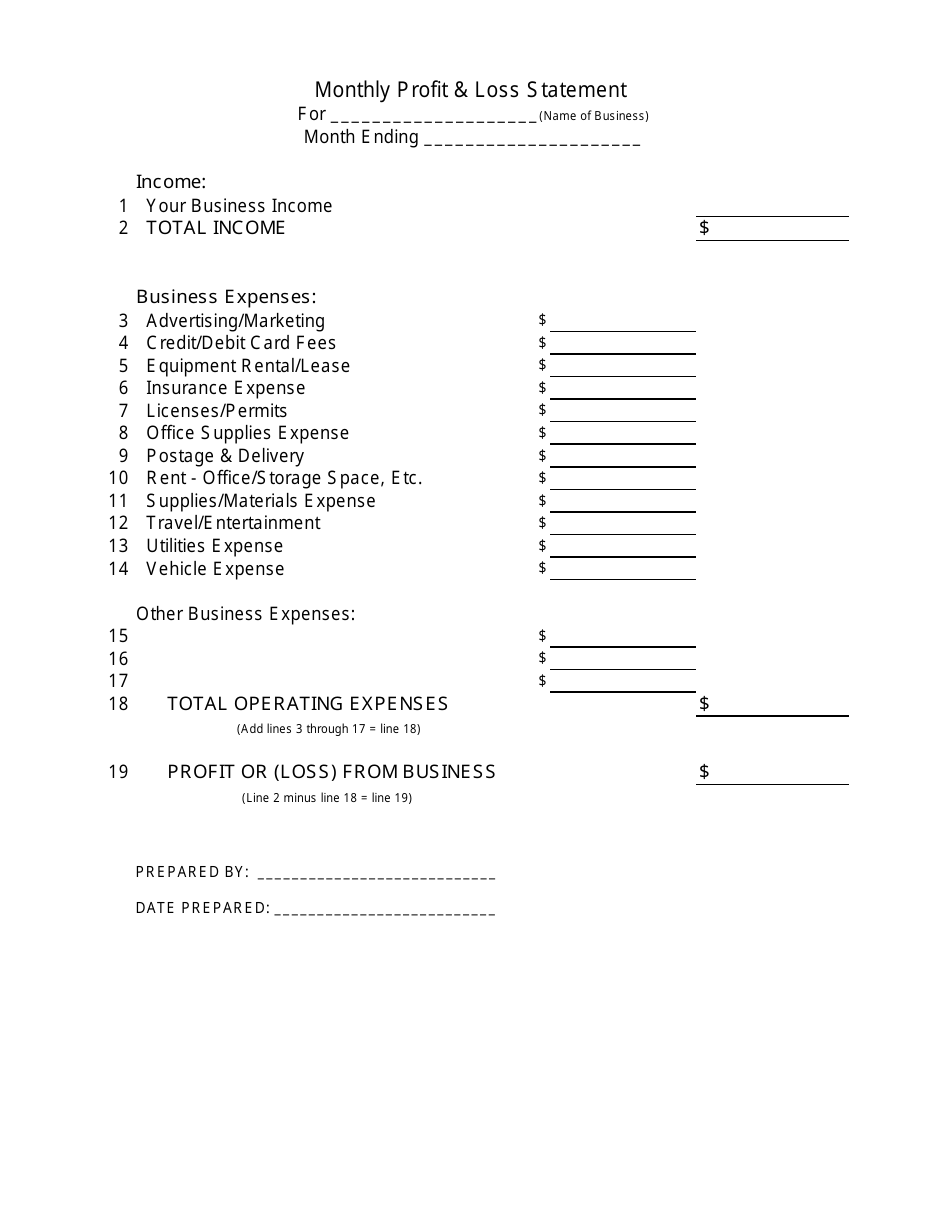 Monthly Profit and Loss Statement Template, Page 1