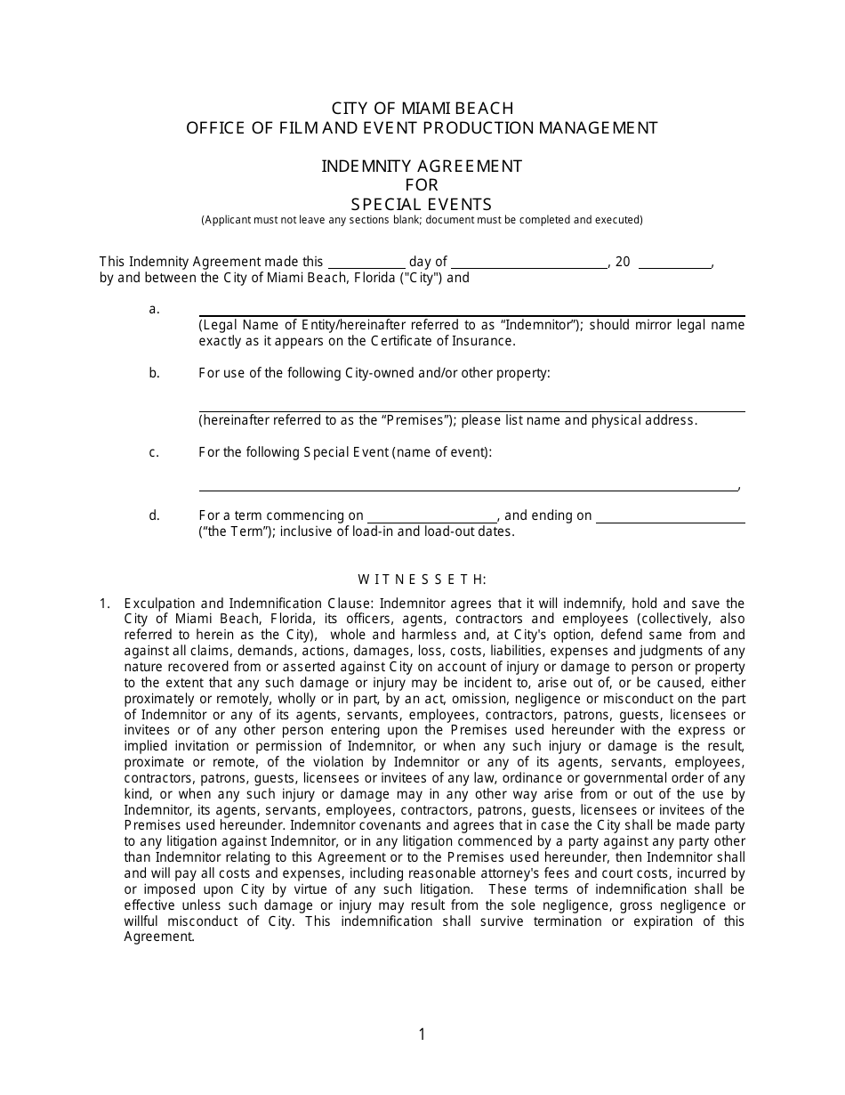 Special Events Indemnity Agreement Form - City of Miami Beach, Florida, Page 1
