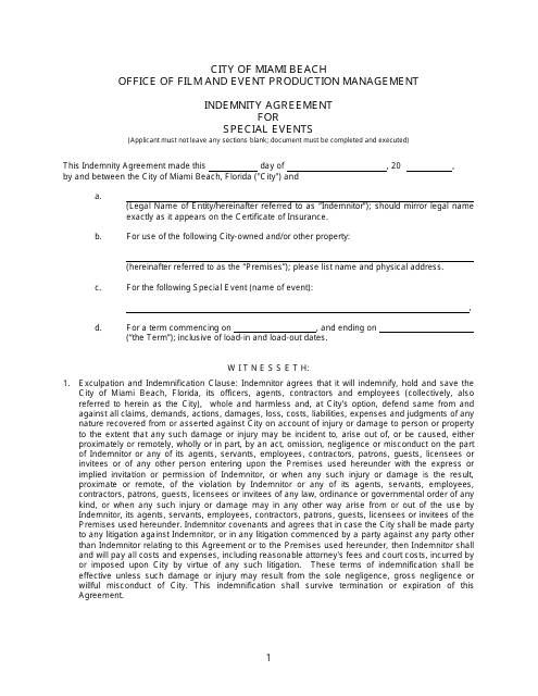 Special Events Indemnity Agreement Form - City of Miami Beach, Florida Download Pdf