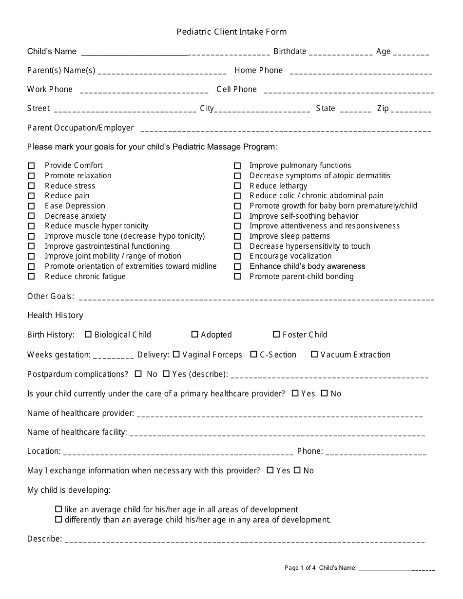 Pediatric Client Intake Form, Page 1