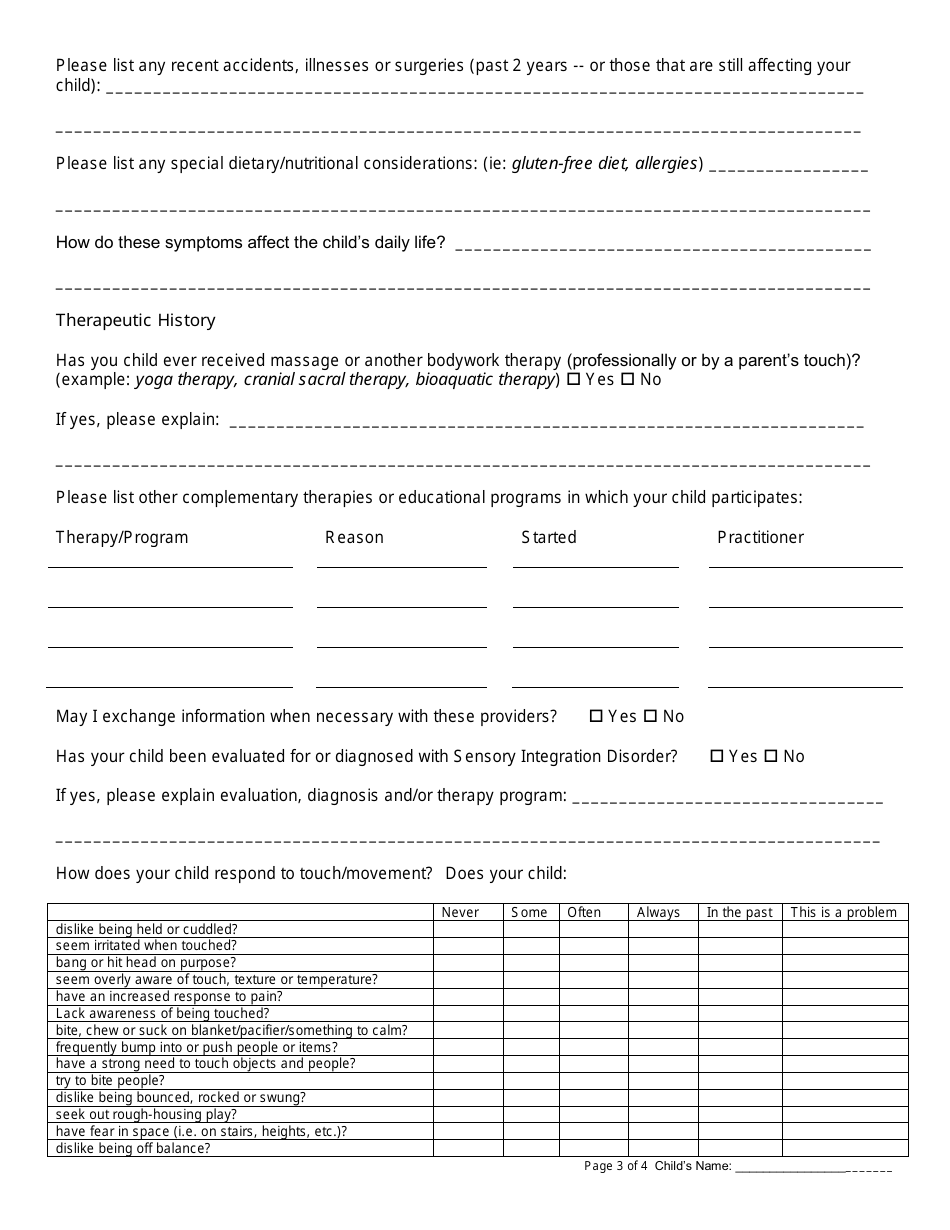 Pediatric Client Intake Form, Page 3
