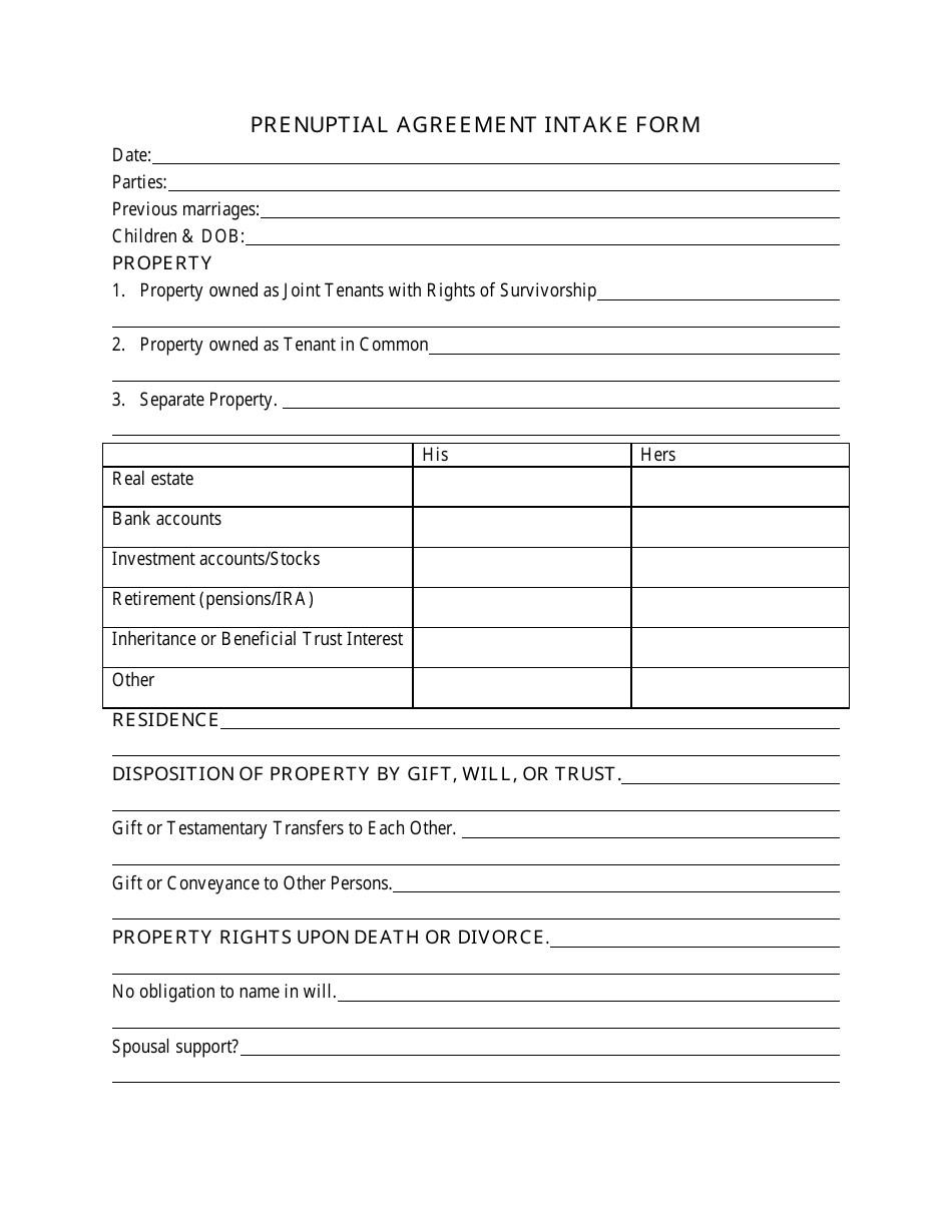 prenuptial agreement intake form download printable pdf templateroller