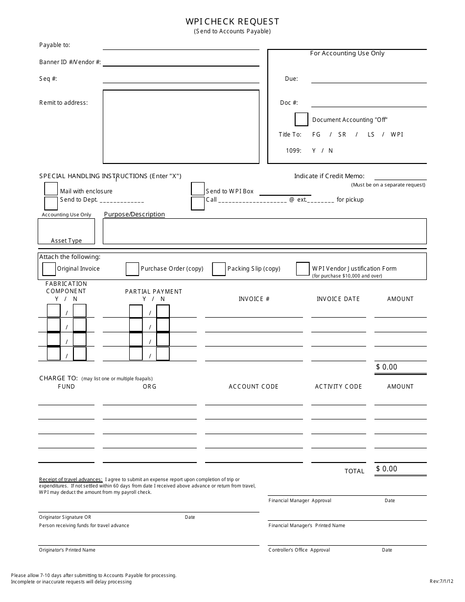 Wpi Check Request Form, Page 1