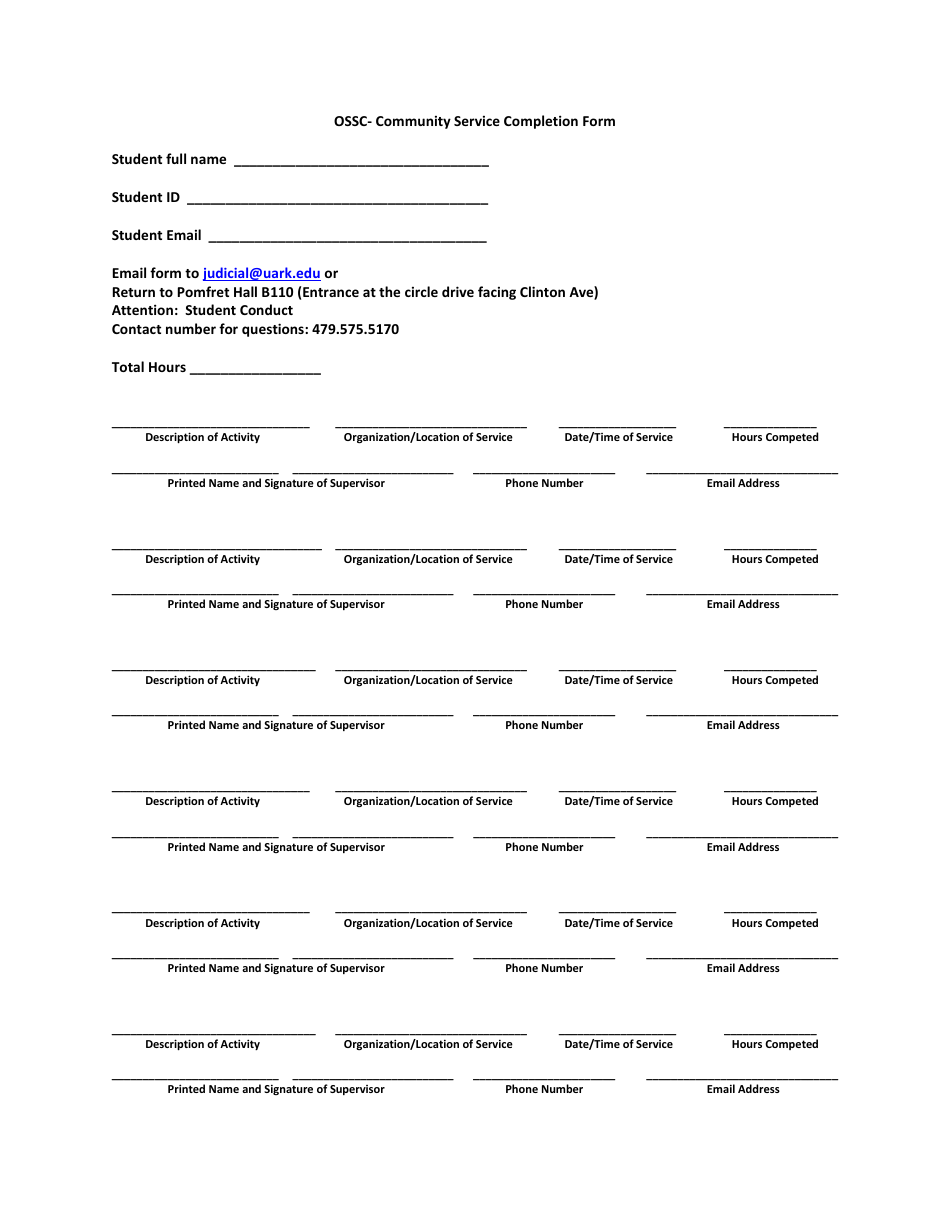 Community Service Completion Form - University of Arkansas, Page 1