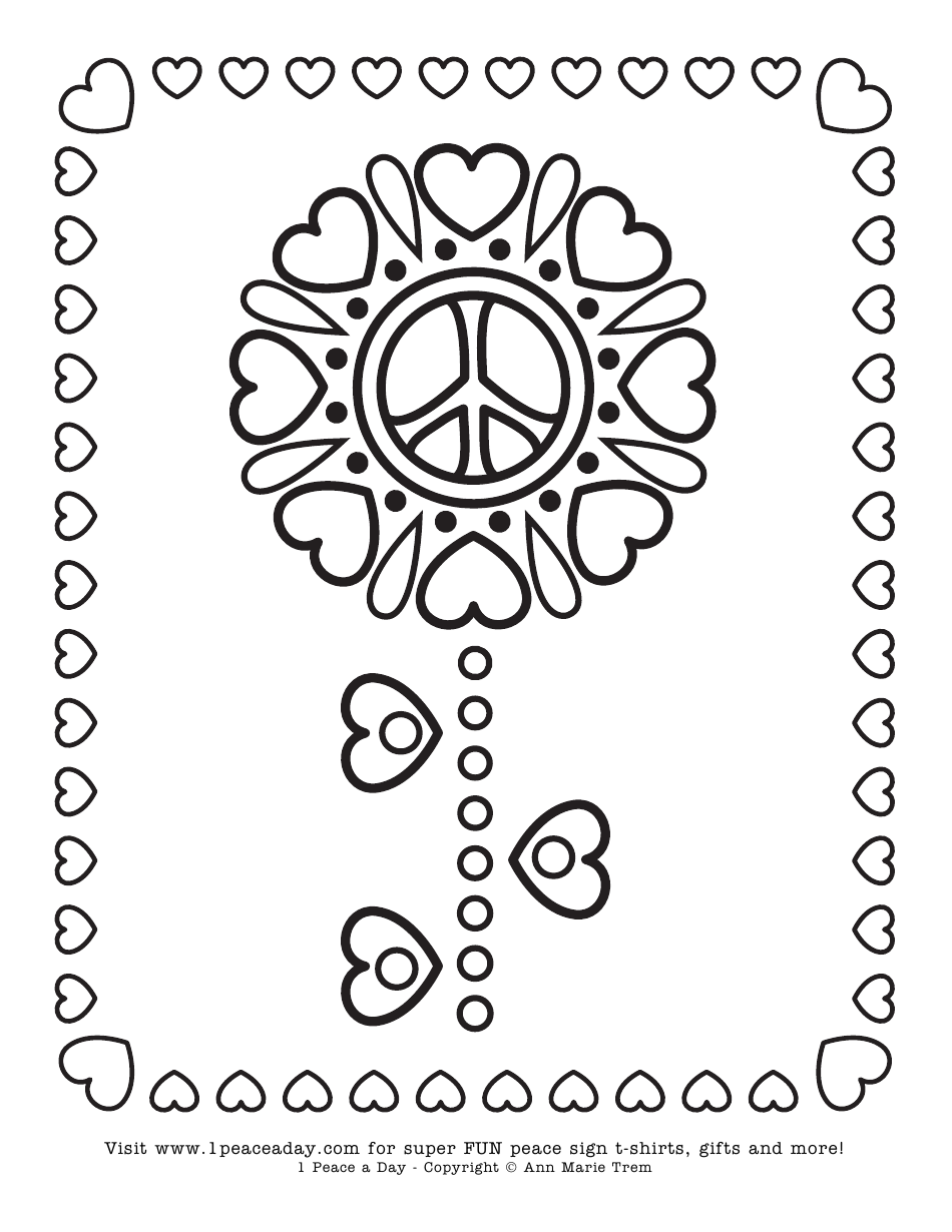 Peace Sign heart flower coloring sheet - beautifully illustrated coloring page