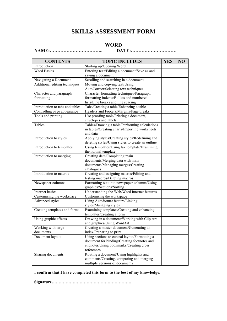Skills Assessment Form, Page 1