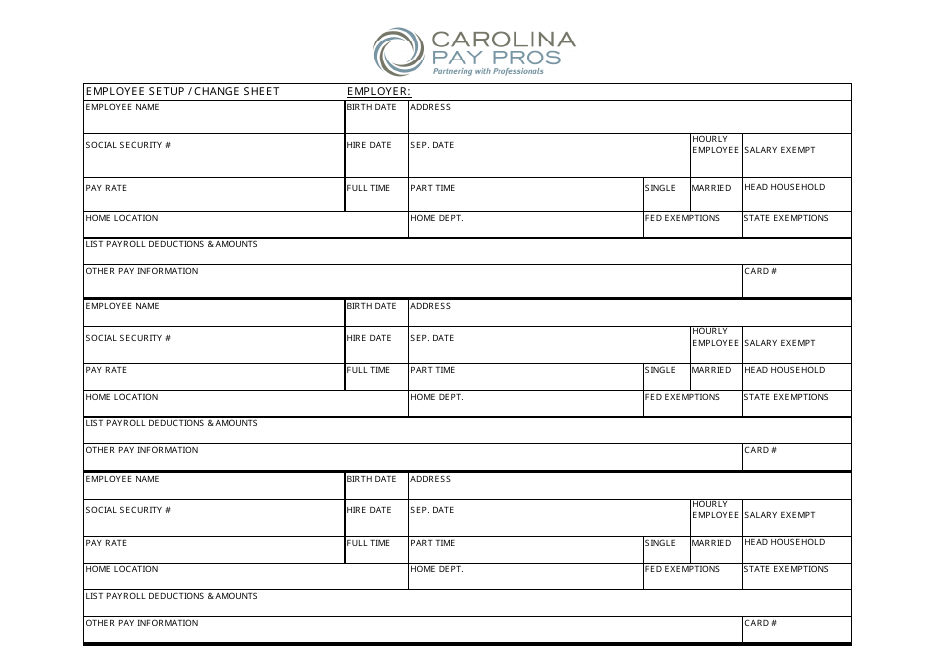 Employee Setup / Change Sheet Template - Carolina Pay Pros, Page 1