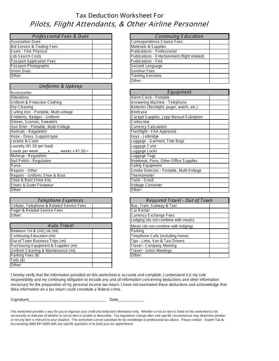 Tax Deduction Worksheet for Pilots, Flight Attendants,  Other Airline Personnel, Page 1