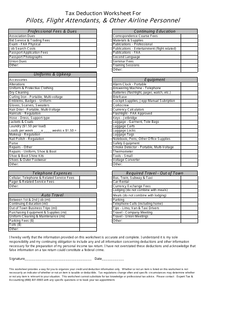 Tax Deduction Worksheet for Pilots, Flight Attendants, & Other Airline Personnel Download Pdf