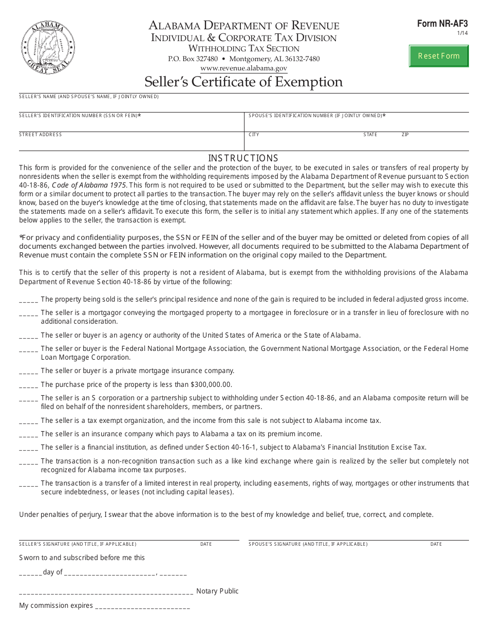 Form NR-AF3 Sellers Certificate of Exemption - Alabama, Page 1