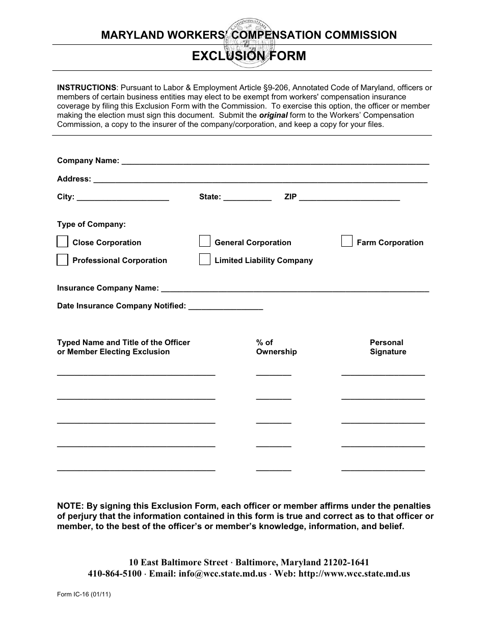 WCC Form IC-16 Officer Exclusion - Maryland, Page 1