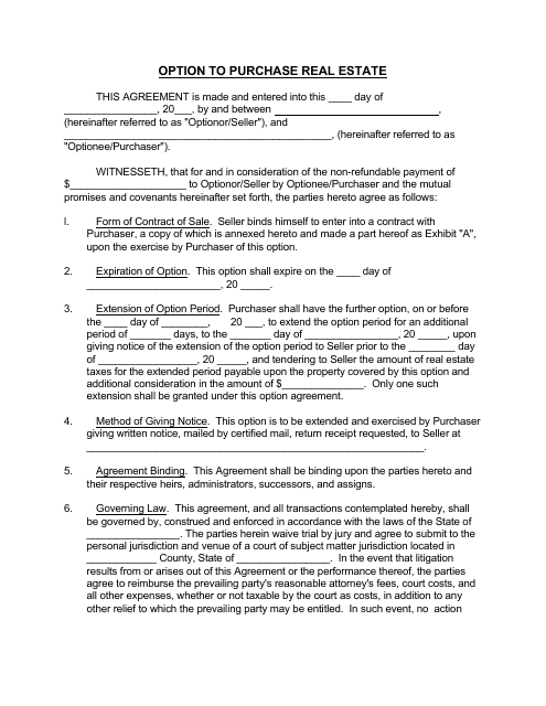 Option to Purchase Real Estate Agreement Template Download Pdf