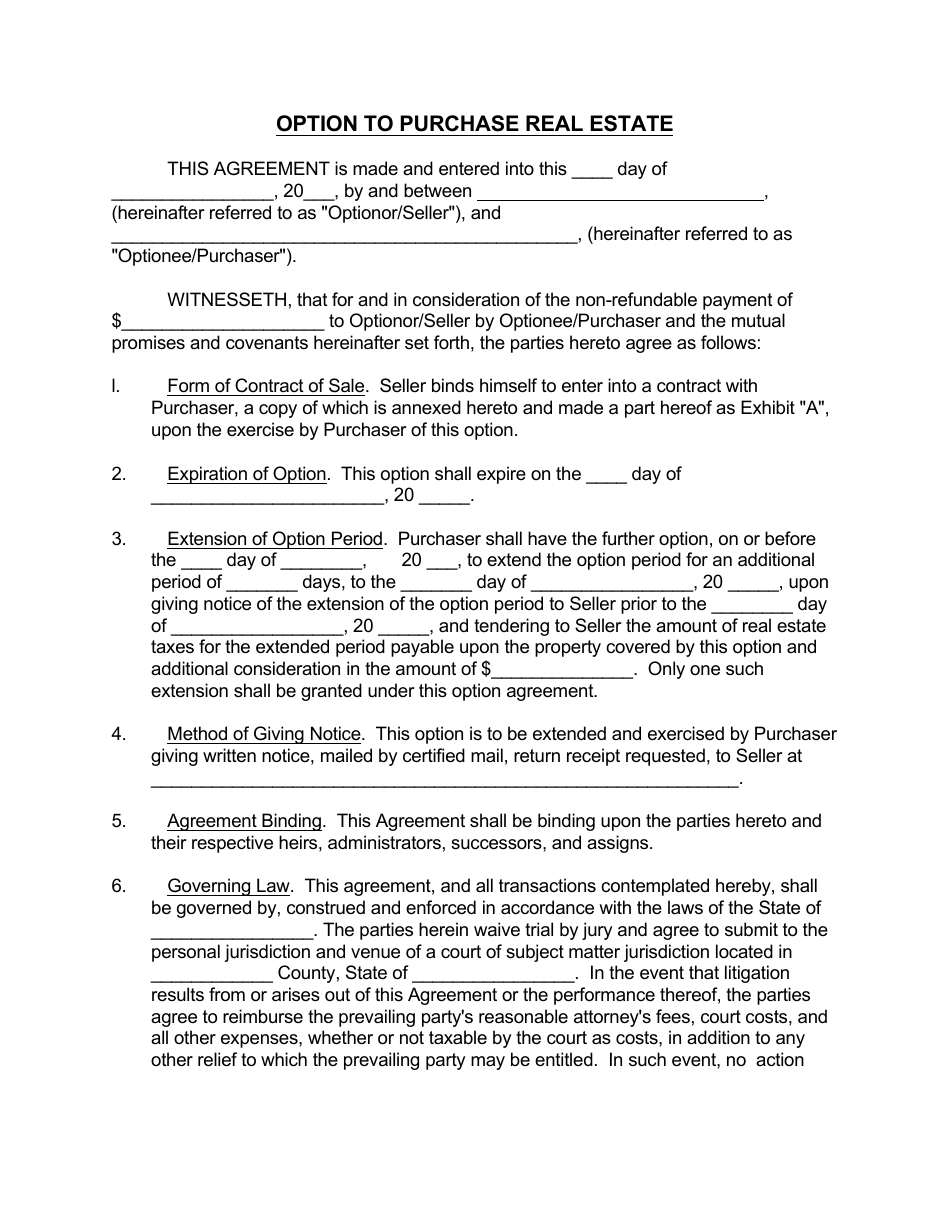 Option to Purchase Real Estate Agreement Template, Page 1