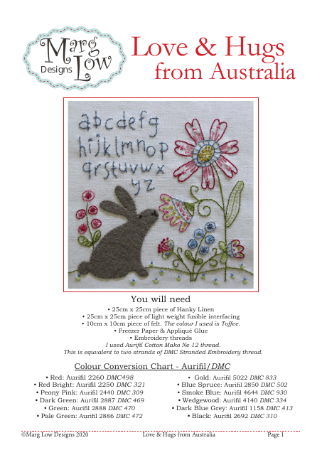 Love & Hugs From Australia Embroidery Pattern Template