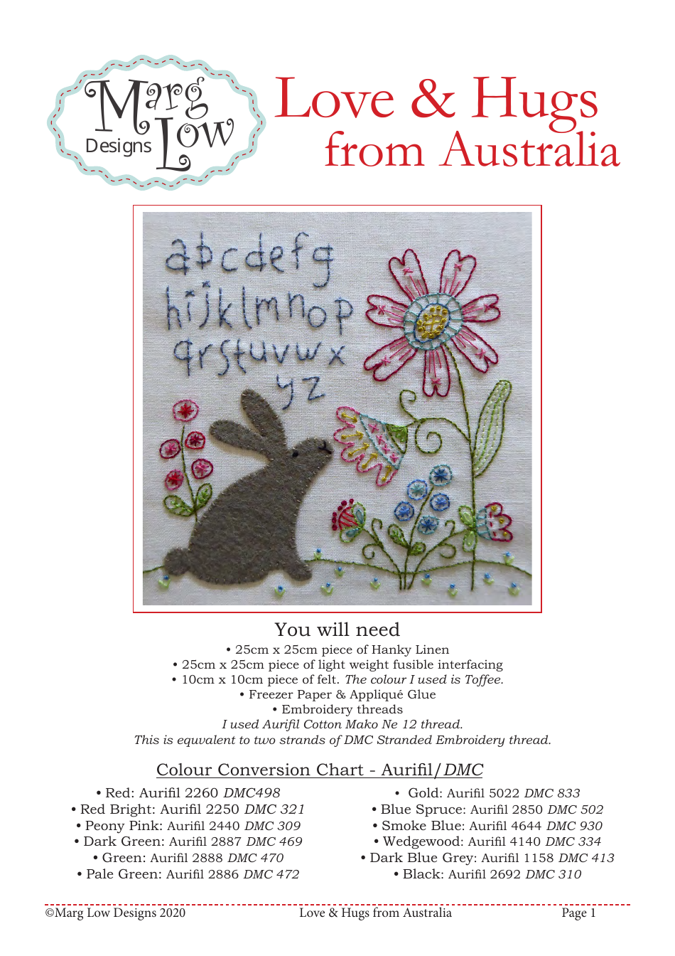 Love & Hugs From Australia Embroidery Pattern Template