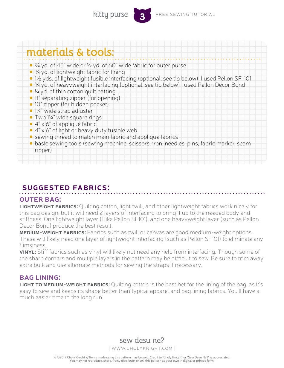 Kitty Purse Sewing Pattern Templates, Page 3